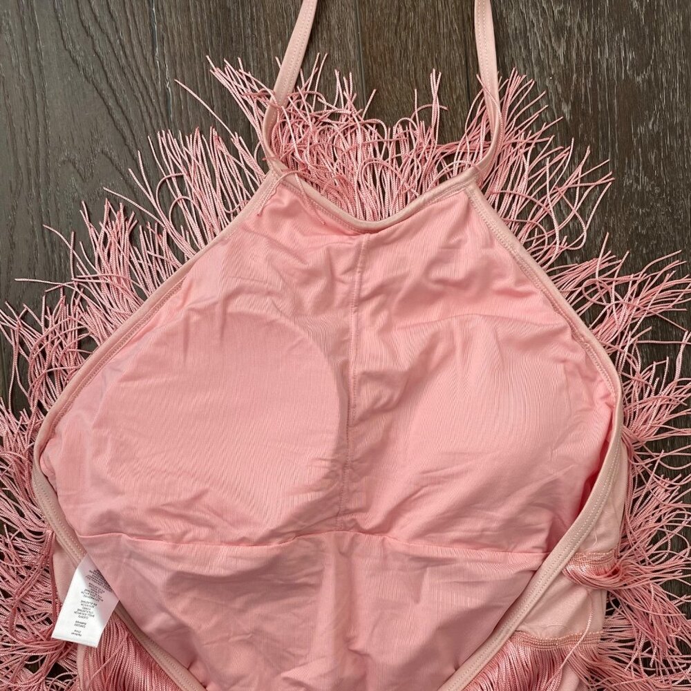 Pink Fringe Halter Bodysuit With Swirl Design Party Dancewear Soft Fabric Adjust - Picture 6 of 9